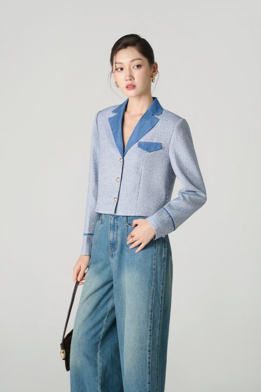 Áo khoác tweed cổ 2 ve phối denim
