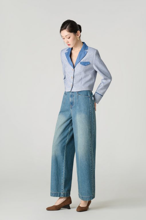 Áo khoác tweed cổ 2 ve phối denim