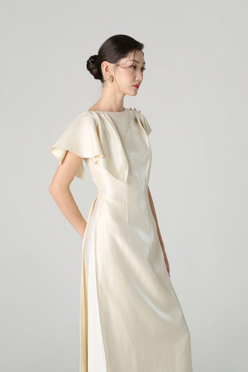 Bộ áo dài vai xếp bèo rủ lệch