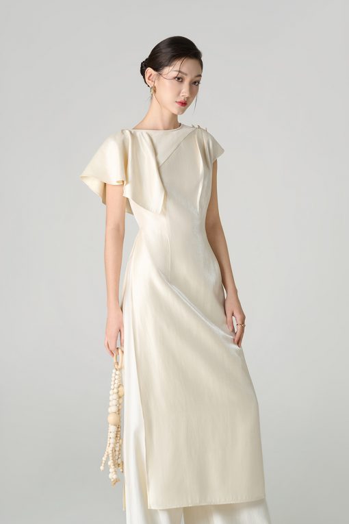 Bộ áo dài vai xếp bèo rủ lệch