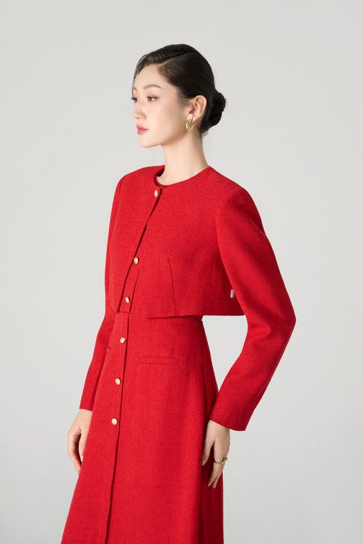 Áo khoác tweed lửng, cổ cài cúc