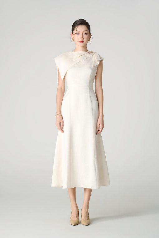 Đầm xoè tùng đuôi cá vạt vai bồng lệch